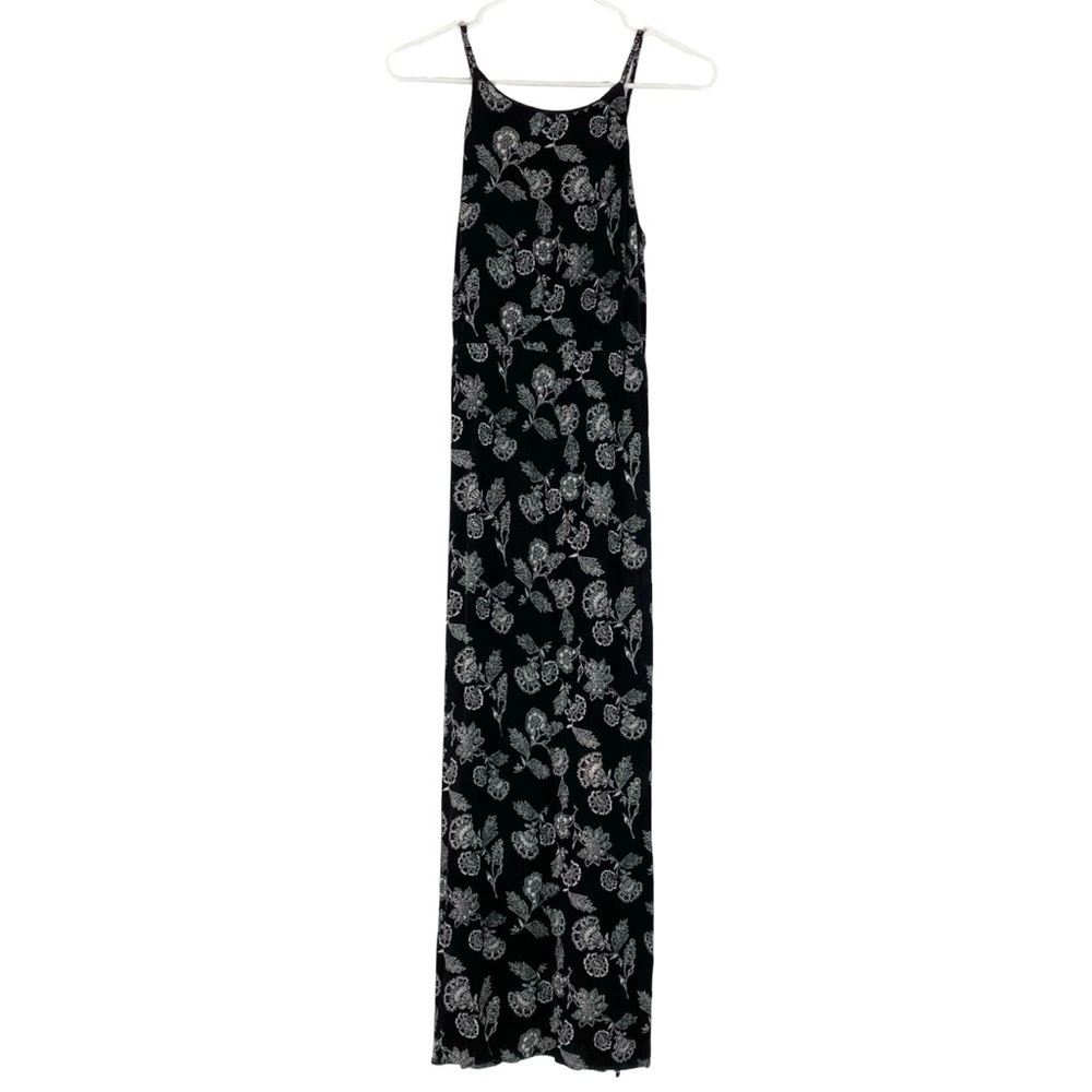 Aqua Floral Maxi Long Dress Womens Size Small Black White Sleeveless Crepe Rayon
